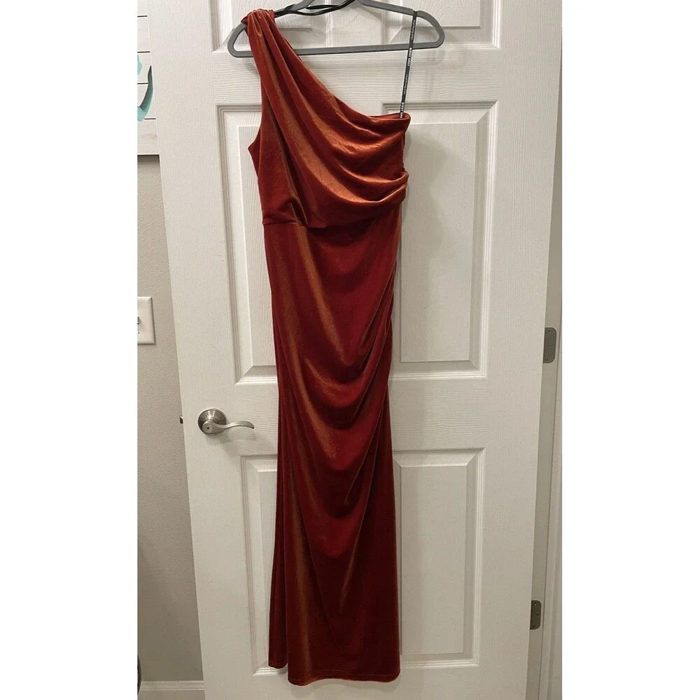 Birdy Grey Claudia Bridesmaid Dress Velvet Burnt Orange Maxi Size Large